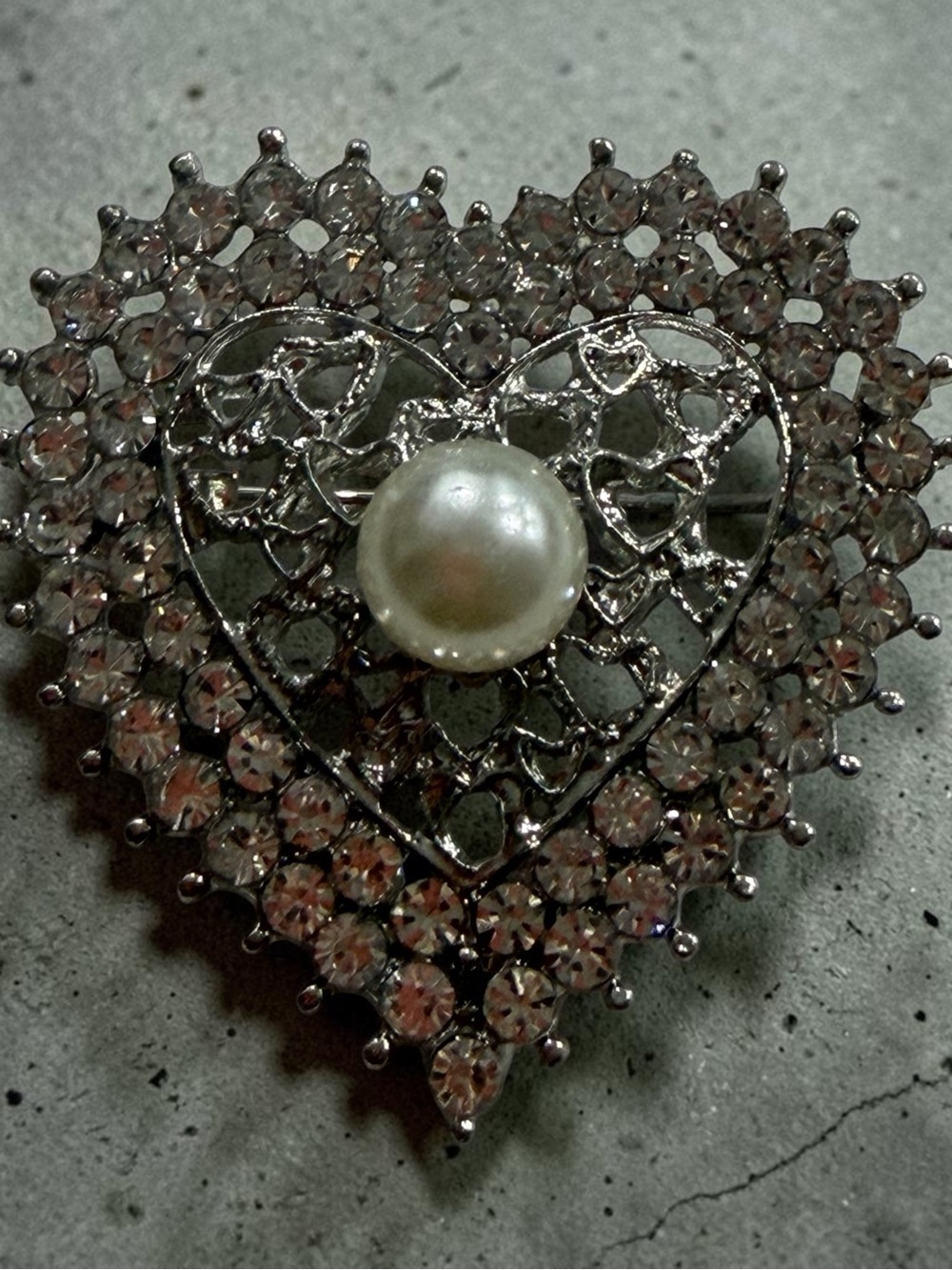 Silver Heart Pearl & Crystal Brooch